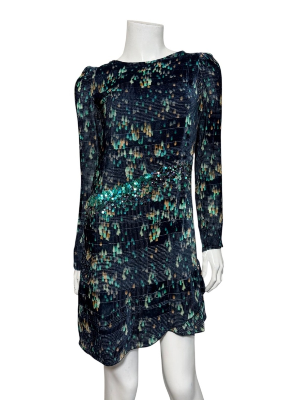 Vanessa Bruno Velvet Sequin Embroidered Mini Dress Blue Green Silk Sz 34 US 2